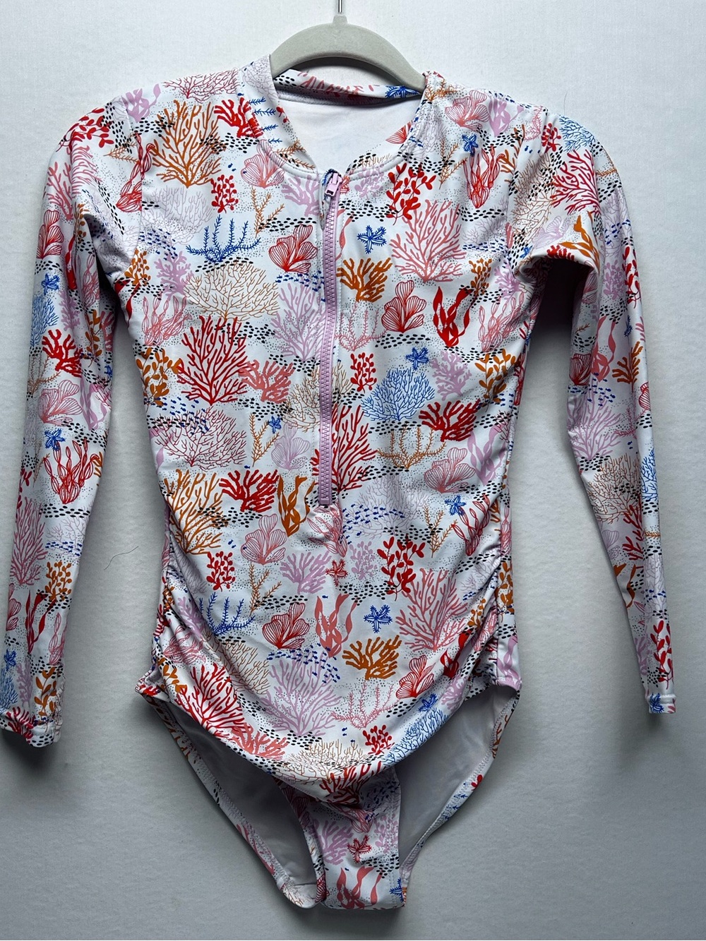 Ladies Long-Sleeve One-Piece Swimsuit in Coral Reef Print - White/Pink